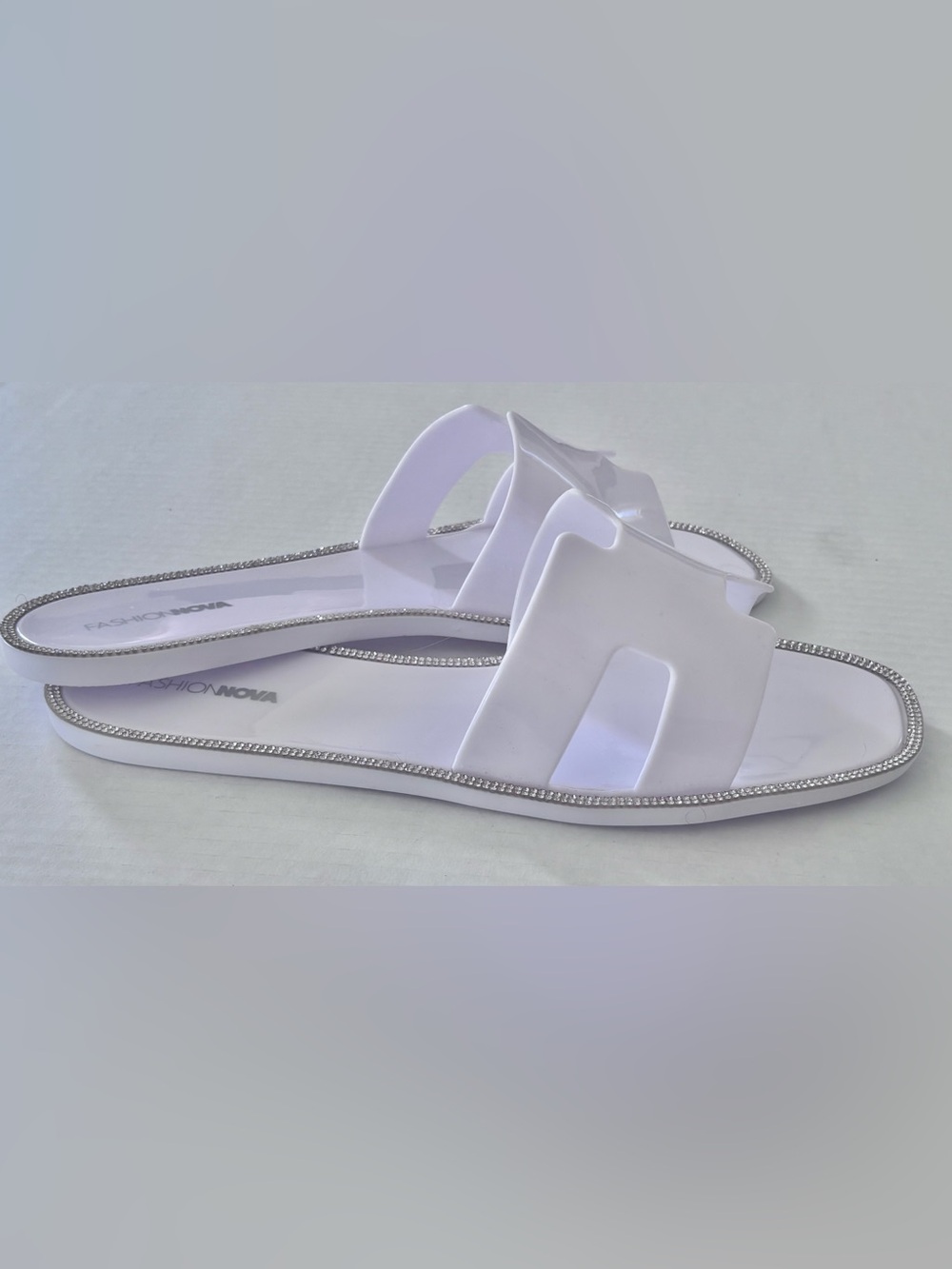 Fashion Nova White Rhinestone-Trim Slide Sandals